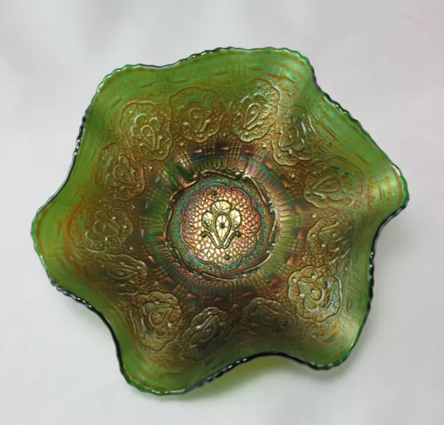 Fenton Electric Green Iridescent Ruffle Carnival Glass Bowl Persian Medallion