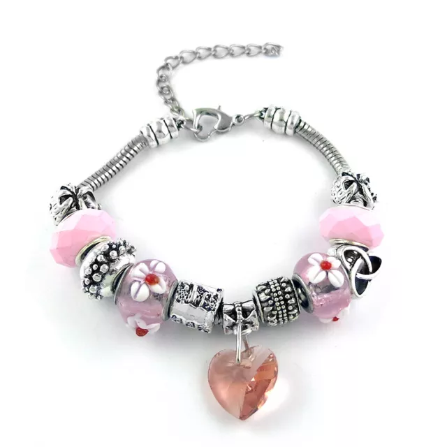 18K White Gold Plated Pink Heart Charm Bracelet Made with Swarovski Elements