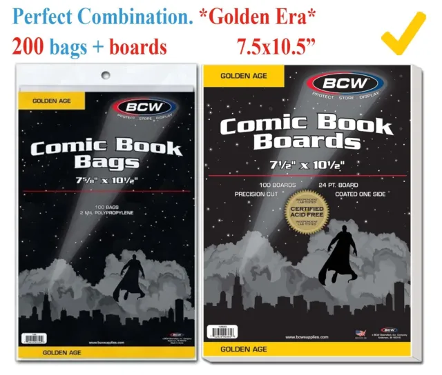 200 BCW Gold Age Golden Comic Bags 2 Mil Protection Sleeve + Back Boards Holders