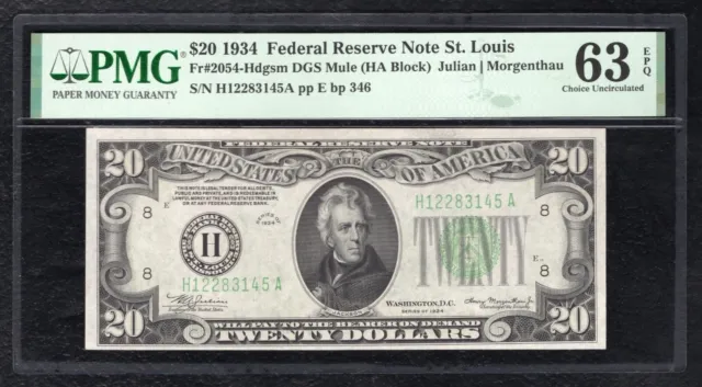 FR. 2054-Hdgsm 1934 $20 FRN FEDERAL RESERVE NOTE ST. LOUIS, MO PMG UNC-63EPQ (B)