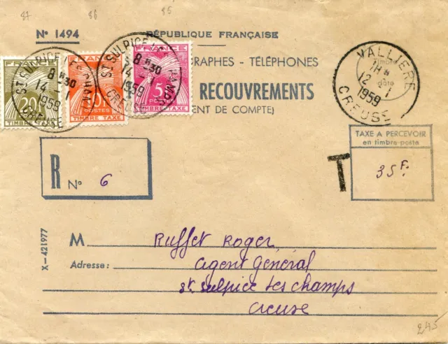 Lettre de Service de Recouvrements timbre taxe n°85 86 87 - cachet Saint Sulpice