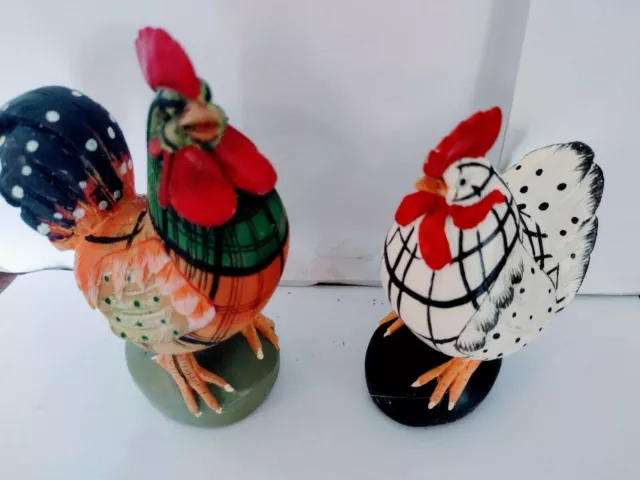 Ceramic Rooster & Hen Hand Painted Figurines On Wood Bases Collectible