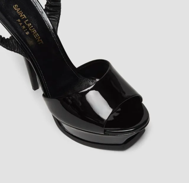 NEW SAINT LAURENT Black Patent Leather Rose Ankle Strap Platform Shoes ...
