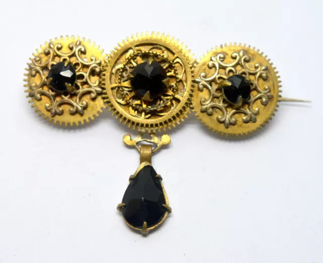 ANTIQUE 19th CENTURY VICTORIAN GOLD FILLED BROOCH WITH BLACK CRYSTALS