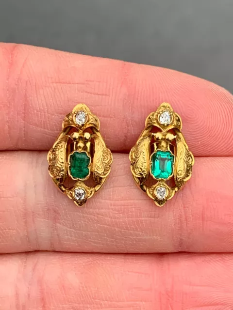 18ct gold diamond natural emerald cluster earrings Victorian