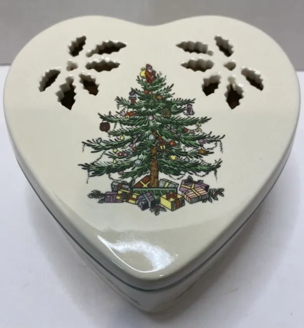 SPODE Christmas Tree Pierced Heart Shaped Porcelain Trinket Jewelry Box w/Lid 2