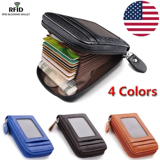 Men's Wallet Real Leather Credit Card Holder RFID Blocking Zipper Thin Pocket hi