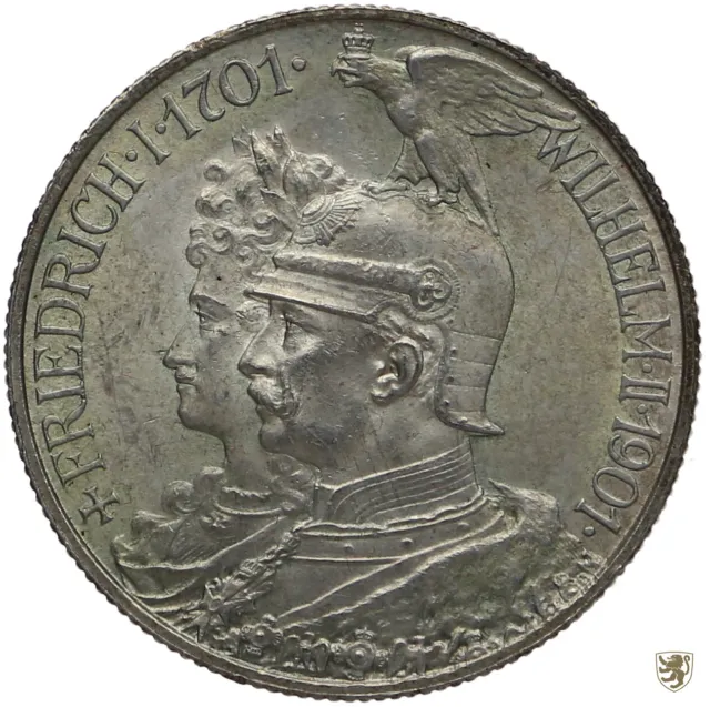 PREUSSEN, 2 Mark, 1901, Wilhelm II., 200 Jahre Königreich, Jg. 105, vz/st