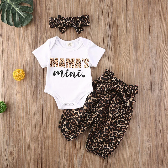 Set Abbigliamento Neonato Bambina Romper Body Pantaloni Leopardati Pantaloni Abiti 3 Pz