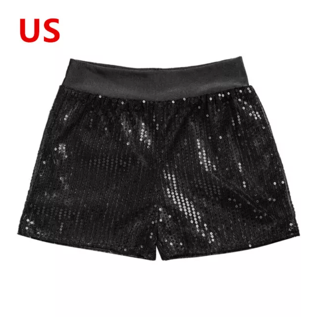 US Kid Girls Sparkle Shorts High Waist Athletic Shorts for Gymnastic Shiny Stage