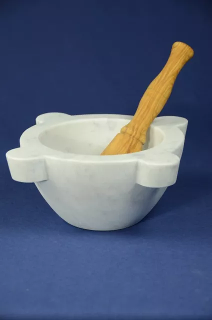 Mortaio marmo bianco Carrara,pestello Ulivo.Marble mortar olivewood pestle 22cm