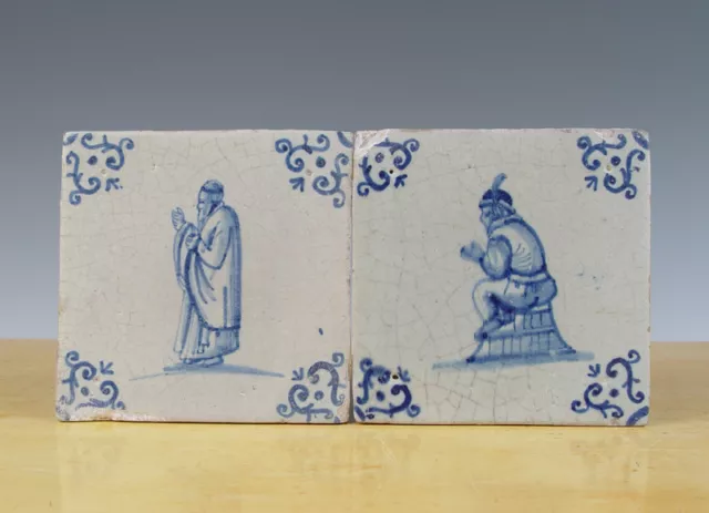 Antique 2 x Dutch Delft Tile Priest+Resting Man Circa 1625