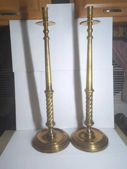 Pair of Large Maitland Smith 28" Brass Floor Pillar Candlesticks Candle Holders