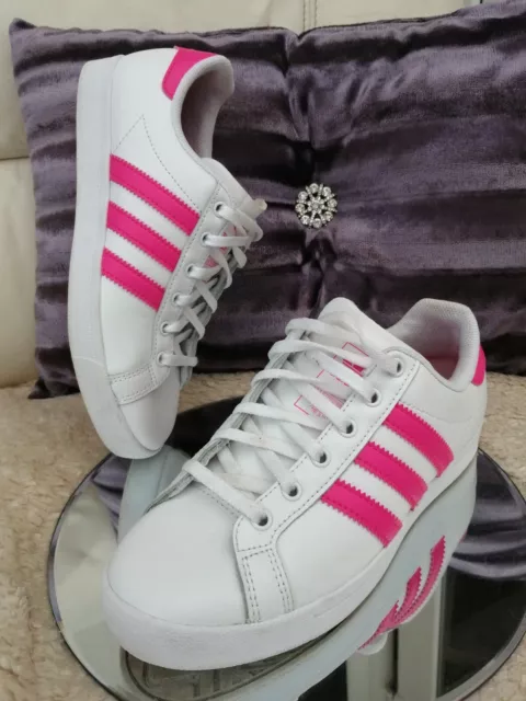 Girls Adidas Trainers UK3 White pink stripe, sport shoes pumps gazelle, teenager
