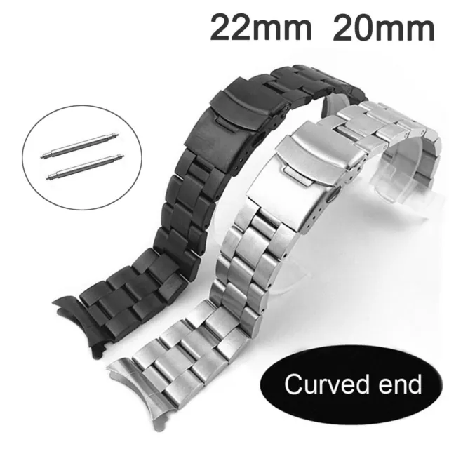 Stainless Steel Watch Band Matte Metal Strap Curved Ends 20mm 22mm Link Bracelet