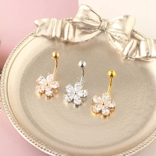 Exquisitos anillos de ombligo de circón cuerpo de acero inoxidable joyería flor ombligo DangliZ8