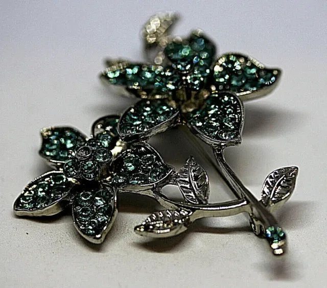 Vintage Silber Metall Blau Glas Kristall Blume Design Pin Brosche