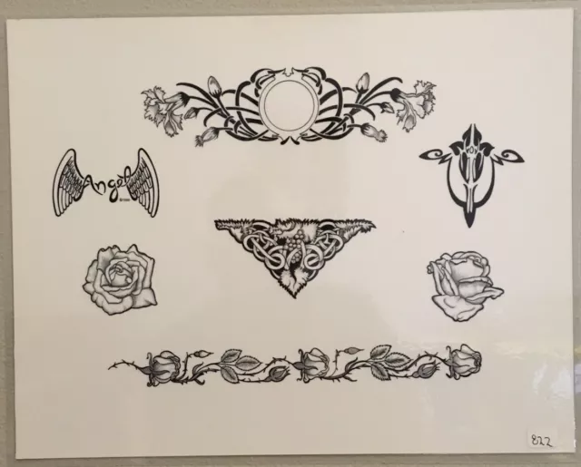 Tattoo Flash Single Sheet Print Flowers Scrollwork Rose Angel Flash 11” X 14”