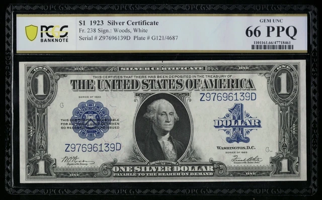 SC 1923 $1 Fr.238 GEM Silver Certificate PCGS 66 PPQ GEM UNCIRCULATED (139D)