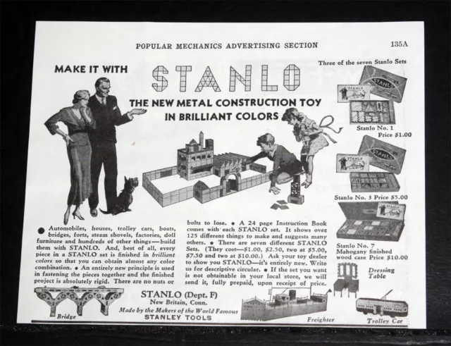 1933 Old Magazine Print Ad, Stanlo Metal Construction Toy, In Brilliant Colors!
