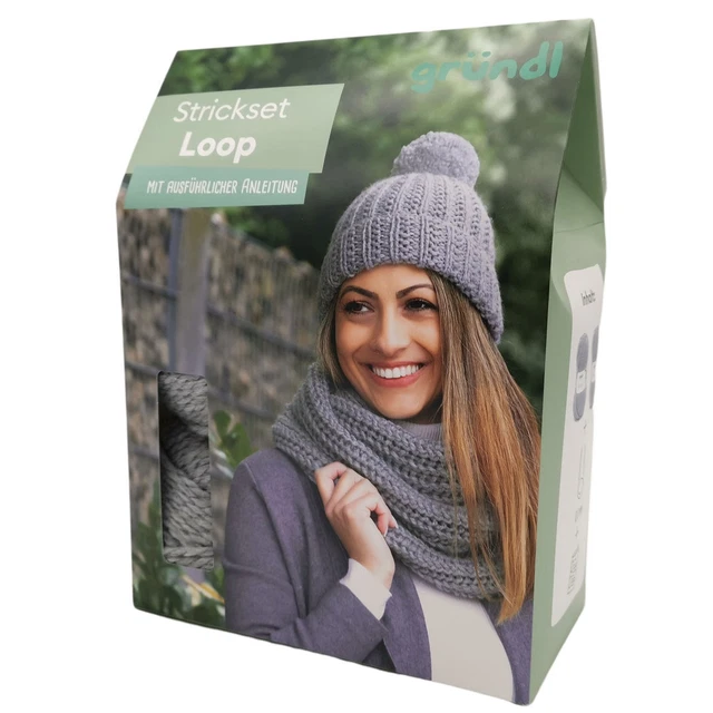 Strickset Loop grau DIY mit Anleitung + 2x Wolle + Rundstricknadeln, Bastelset
