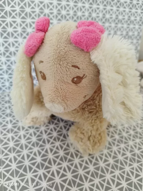 Doudou peluche sac chien beige Scuba noeuds rose Noukies