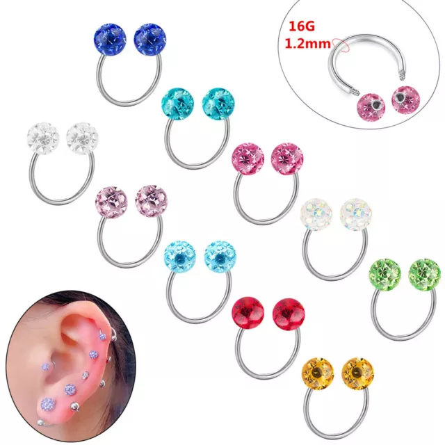 2X Horseshoe Nose Lip Crystal Hoop Ring Ear Septum Cartilage Helix Ball Piercing