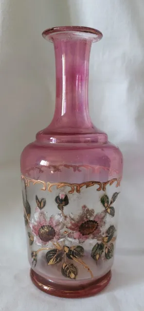 Belle Carafe Cristal Ancienne Verre Soufflé  A Décor Peint Main Motif Floral