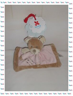 ◘ - Doudou Plat Carré Ours Rose Beige Broderies Echarpe Nicotoy Neuf