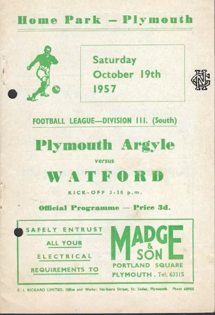 Plymouth Argyle v Watford FLD3 South. 19th October 1957