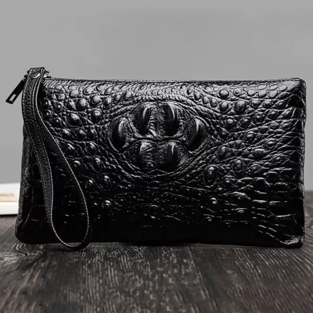 Genuine Leather Mens Black Clutch Bag Crocodile Embossing Zipper Envelope Wallet