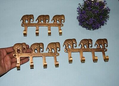 Brass Elephant Wall Hook Set of 03 Hooks Animal Shape Multiple Coat Hanger EK879