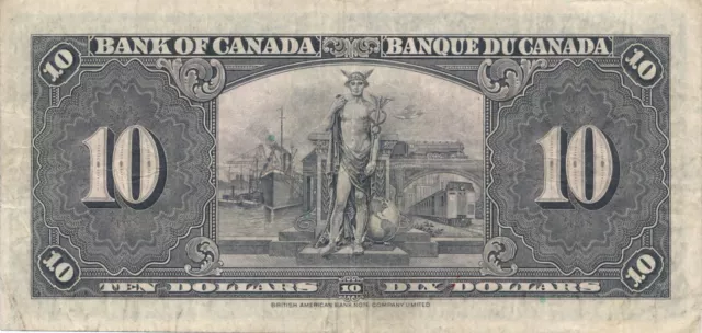 1937 Bank of Canada Ten Dollar Bill. Gordon - Towers $10 Bank Note VF 2