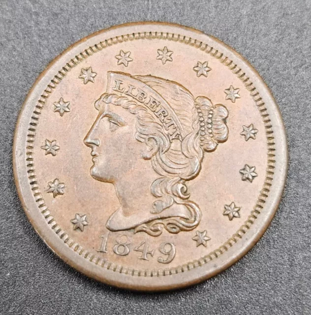 1849 Braided Hair Large Cent | CHOICE ALMOST UNCIRCULATED (AU+)