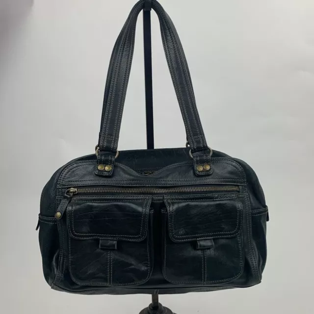 Vintage Fossil Leather Shoulder Satchel Bag Black Brass Zip close Lined Pockets 2