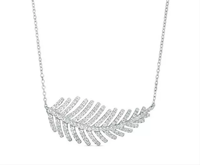 0.20Ct White Round Cut CZ Feather Pendant Necklace 18 inch  925 Sterling Silver