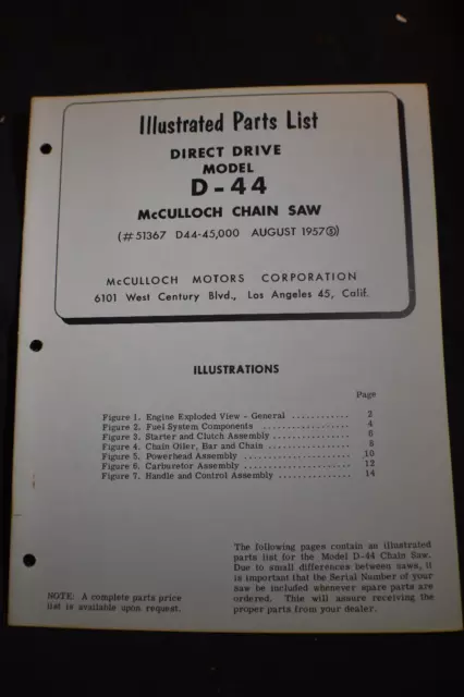 McCullough 1957 modelo directo D-44 sierra de cadena lista de piezas ilustradas *original*