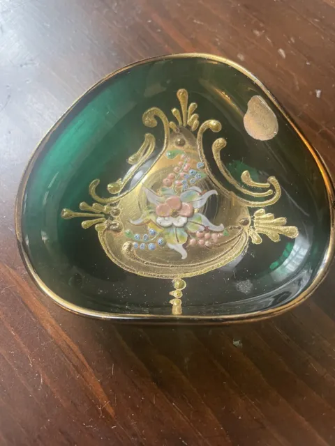 Vint Italian Emerald Green Glass Trinket Dish Hand Painted Gold & Enamel Flowers