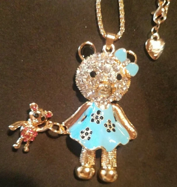 Betsey Johnson Crystal Blue Bear doll Rhinestone Sweater Necklace