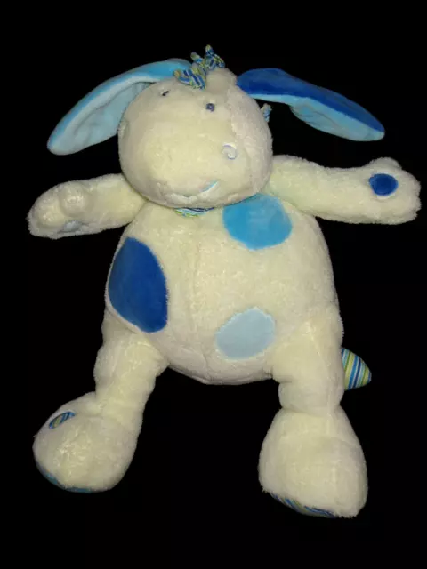 Doudou hochet grelot Chien Lapin écru bleu foulard rayé ronds Babysun 35 cm