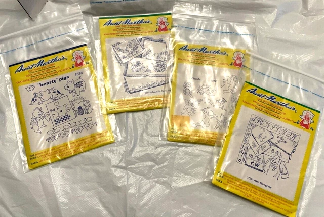4 Aunt Martha's Hot Iron Transfers Pigs Floral Motifs Monograms Cherubs Vintage