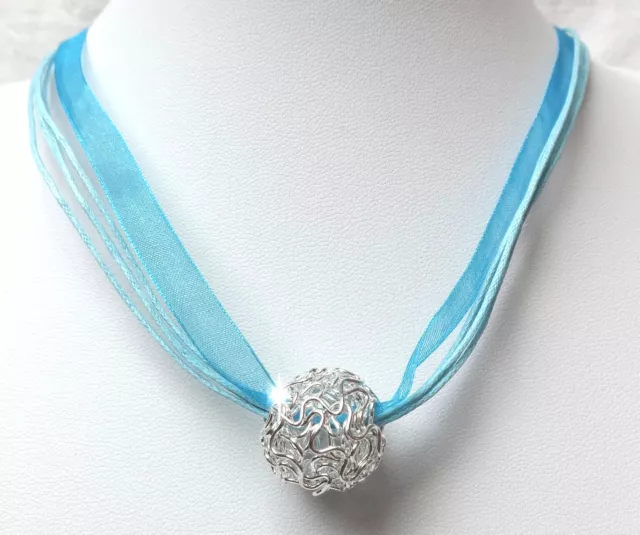 SILBER PERLE HALSKETTE KETTE ORGANZA KUGEL DRAHTKUGEL SCHMUCK DAMEN Türkis BLAU