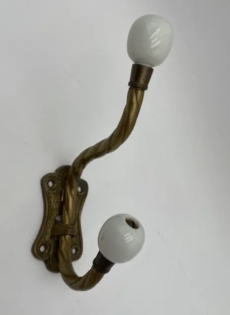 Brass Twist Two Hook Porcelain Knob Wall Mount Coat Hook Made In Taiwan Vtg 6.5"