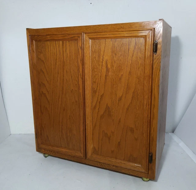 Vintage Solid Mission Oak Wood Rolling Cabinet Bar Cart Mid Century Modern