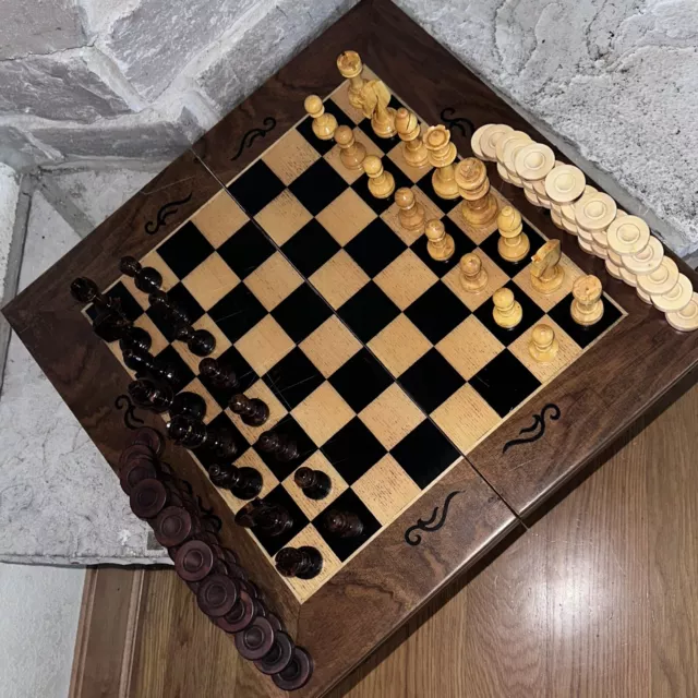 Antique Chess Set Reversible Backgammon Checkers 20” Oak Board Chips Vintage