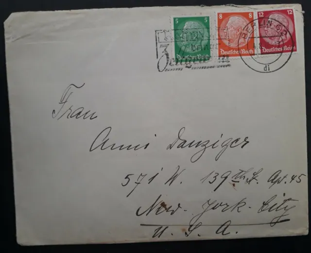 RARE 1937 Germany Cover ties 3 stamps cancelled Berlin to New York