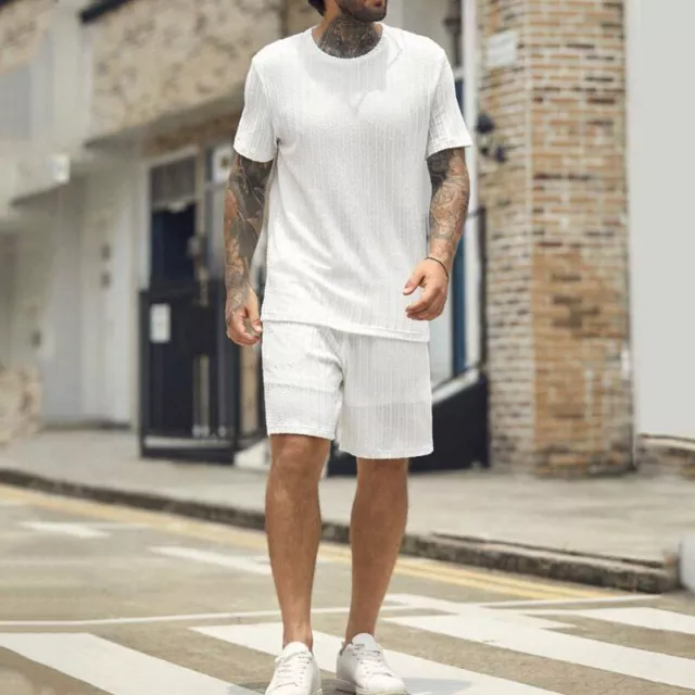 MENS TRACKSUIT PULLOVER Vertical Short Sleeve T-Shirt Shorts Pants Two ...