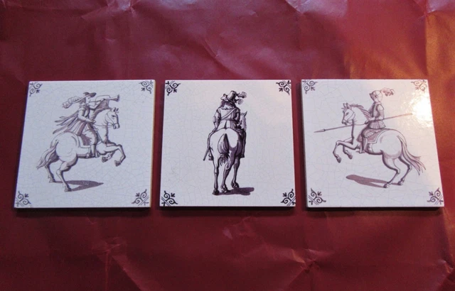 Trio Of Vintage Dutch Delft Ceramic Tiles, Horse Theme