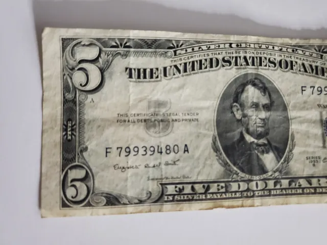 Five Dollar Silver Certificate Blue Seal 1953-A Circulated Miscut Misaligned