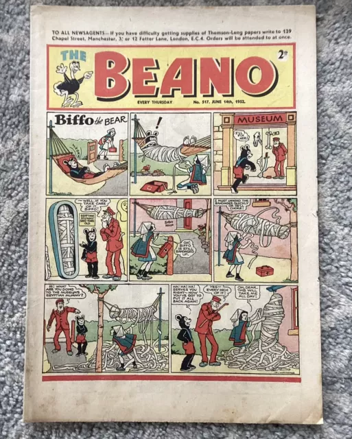 Vintage Original Beano Comic No. 517 From 14/6/52 Biffo The Bear Cover 1952